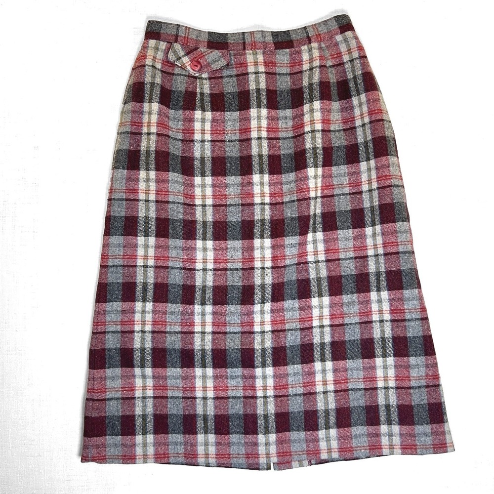 VTG Handmade Plaid Wool‎ Midi Skirt Women XS Red Gray Blend Back Zip Pencil USA
